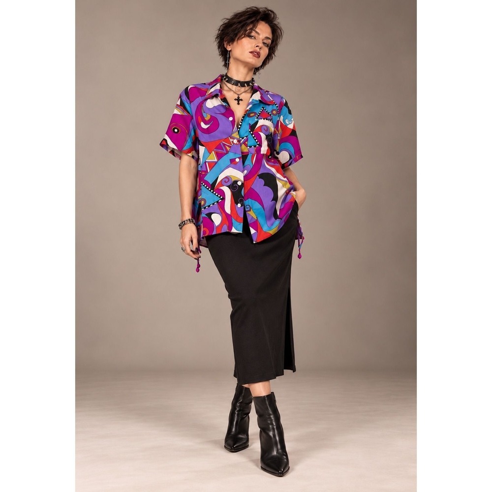 Diane Freis Small Silk Blouse Multicolor Abstract Print Vintage 80s 90s